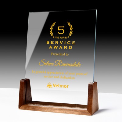 Personalized Clear Glass Crystal Award Plaque With Wooden Base
